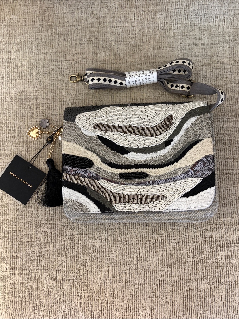Beaded Black, White & Silver Beaded Bag with Crossbody Strap